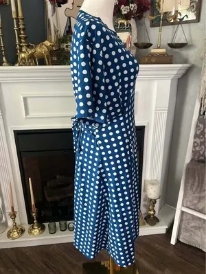 Blue and White Polka Dot Short Sleeve Tie Waist Midi Dress Size Large Women’s thumbnail 4