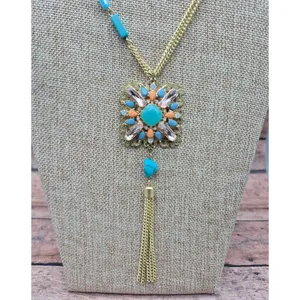 Gold Tone Multi Chain Long Pendant Necklace Tassel Accent Rhinestones 32" thumbnail 7