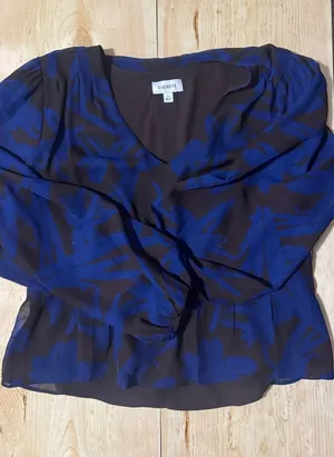 Evereve Blue Brown Abstract Floral Smocked Peplum Balloon Sleeve‎ Blouse Large thumbnail 1