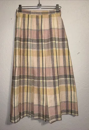 vintage midi skirt plaid 100% wool modest 70s skirt pastels neutrals thumbnail 1