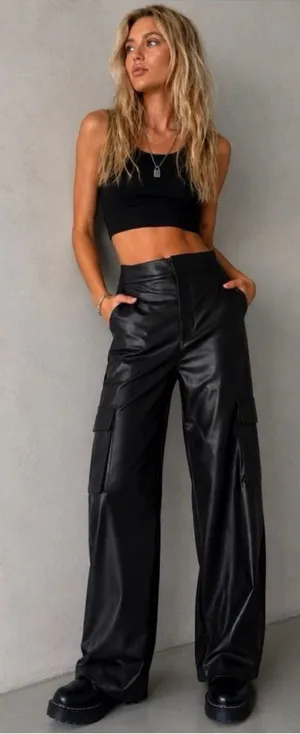 Urban Outfitters Black Faux Leather Wide Leg Cargo Pants Size Small thumbnail 1
