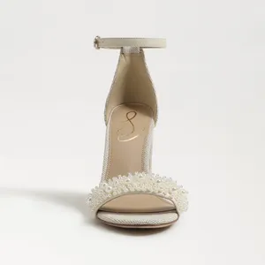 NEW Sam Edelman Sz‎ 8Yaro Perla Open Toe Silk Tweed 4” Dazzling Heels Tan thumbnail 3