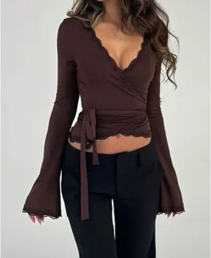 Shein Brown Wrap Top Chocolate Tie Around thumbnail 2