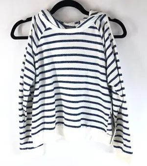 Nowadays Womens Sweatshirt Cold Shoulder Hooded Asymmetric Striped Blue White L thumbnail 1