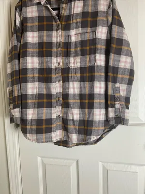 Aerie Flannel Plaid Button Down Shirt Pocket Charcoal Pink Yellow XS thumbnail 3