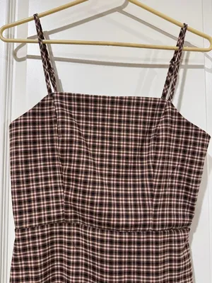 GB girls Brown Plaid Spaghetti-Strap Mini Dress with Subtle Cream Lines / AA43 thumbnail 2