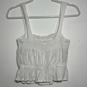 White Smocked Crochet Trim Peplum Crop‎ Tank Top Women XS thumbnail 2