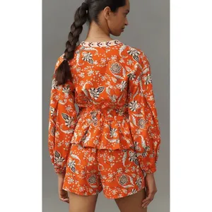 Farm Rio Anthropologie Long Sleeve Romper Red Orange Floral Cotton $228 NWT thumbnail 2