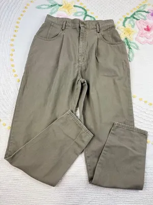 LL Bean Vintage Womens Size 14 High Waist Pleated Tapered Leg Jeans Khaki‎ thumbnail 1