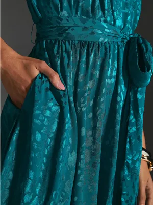 NWT Anthropologie Halter Neck Jacquard Mini Dress Teal Removable Belt Large thumbnail 10