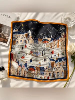 100% Silk Parisian Village Print Square Scarf Blue Orange Vintage Style thumbnail 3