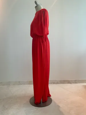Vtg Bold Red Gathered-Waist Maxi Dress sz Sm-Med thumbnail 2