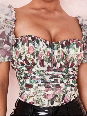 House of CB Nina Vintage Floral Gathered Mesh Bodysuit M thumbnail 1