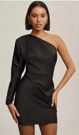 BHLDN Lucy Black Satin One Shoulder Ruched Mini Dress Size 8 NWT thumbnail 1