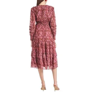Sachin & Babi Ronnie Long Sleeve VNeck Ruffle Printed Midi Dress Size 4 Pink NWT thumbnail 2