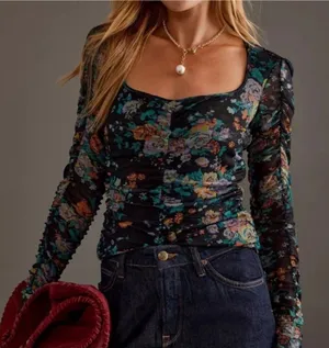 Anthropologie XS Top New NWT Long Sleeve Floral Ruched Mesh black Gorgeous RARE thumbnail 1