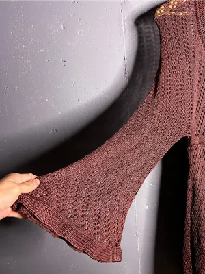 FREE PEOPLE Knit Crochet V-Neck Long Sleeve Dress in Deep Brownish Color. Small thumbnail 5