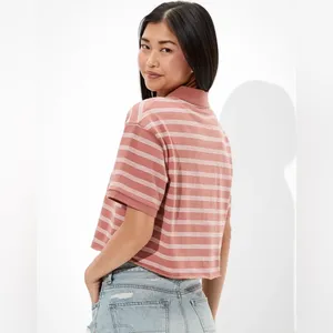 American Eagle Salmon‎ Pink and White Striped Cropped Polo Shirt thumbnail 7