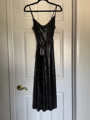 NWT Zara Silver Sequin Midi Dress With Fringed Belt and Side Slit thumbnail 6