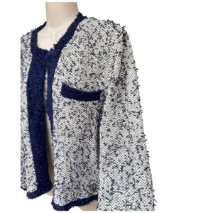 J.Crew Sz M contrast tweed white Navy Open front cropped jacket blazer cardigan thumbnail 6