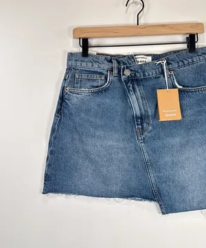 NEW Reformation Womens Mini Skirt Blue Ellie Asymmetric Denim Organic Cotton 28 thumbnail 4