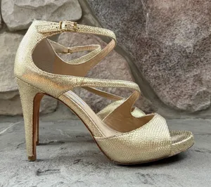 Diane Von Furstenberg Women's Gold Leather Strappy Embossed Heels thumbnail 1