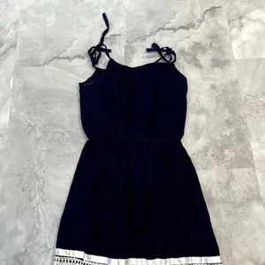 1970s True Vintage Navy Blue‎ Pleated Peasant Tank Tie Strap Dress Medium thumbnail 6