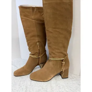 Sanctuary Electric Acorn Brown Suede Tall Boots Square Toe Gold Chain 8.5M NEW‎ thumbnail 2