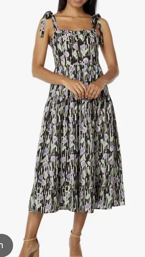 Moon River Purple floral Tiered Midi Dress Black Tie Strap Large boho whimsi re thumbnail 1