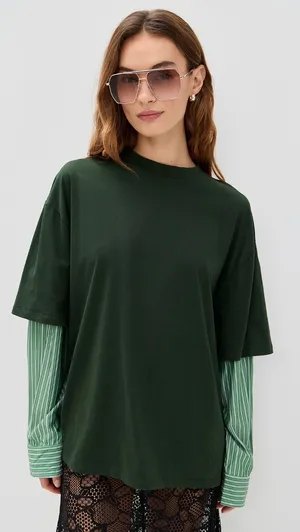 Lioness Bottega Green Layered Mix Media Crewneck Tee Striped Long Sleeve Shirt S thumbnail 1