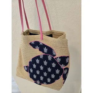 Vera Bradley Straw Tote Bag Sea Turtle Beach Shoulder Bag Pink Navy Large thumbnail 5