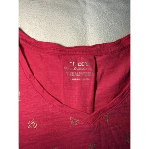 Chico's Women's Pink Gold Metallic Print Knit V-Neck Short Sleeve T-Shirt S thumbnail 2