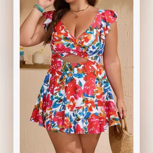 NEW Swimsuit 1 Pc Swimdress Bathing Suit Tummy Control VNeck Ruffle Cutout 2X thumbnail 6