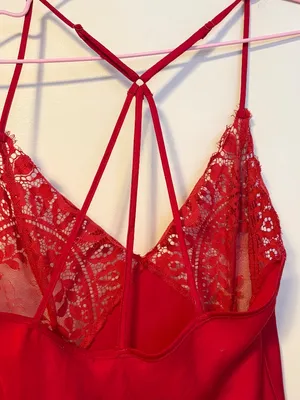 Jezebel Silky Satin Lace Sheer Sexy Lingerie Slip Mini Dress Red Womens Large thumbnail 3