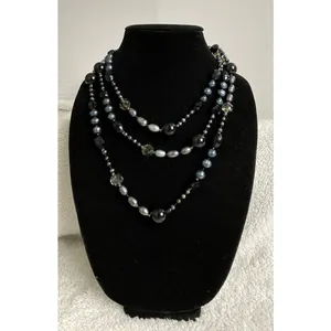 VTG Blk Onyx Baroque Freshwater Tahitian Pearls Crystal Necklace Heavy 52” 161gm thumbnail 5