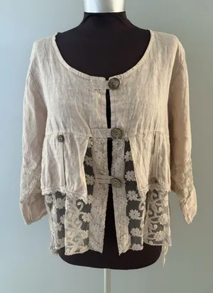 Linen Blouse Jacket Womens XL Blush Pink Lace Detail Boho Fairy Whimsy Coquette thumbnail 1
