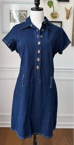 Vintage 90s G Dresses Stretchy Denim Half Button Drop Waist Dress L XL 14 thumbnail 1
