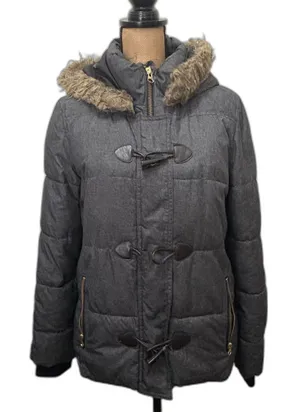 Gap Womens Gray Heathered Puffer Jacket Faux Fur Hood‎ Toggle Duffle Size Medium thumbnail 1
