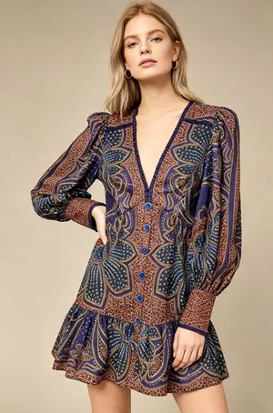 NWOT FARM Rio Floral Paisley Ruffles Mini Dress Glam Boho Long Sleeve Size S thumbnail 1