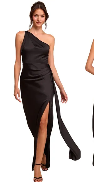 Lulus Dreaming of Elegance Black Satin One-Shoulder Maxi Dress size Small NWT thumbnail 1