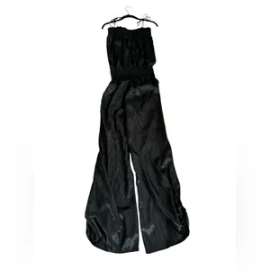 Vintage Black Satin Jumpsuit Smocked Waist Palazzo Leg Minimalist Cocktail Party thumbnail 8
