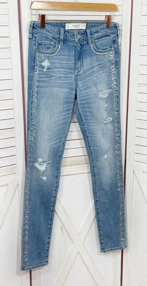 Abercrombie & Fitch Rhinestone Jeweled Distressed Skinny‎ Jeans Blue 4 thumbnail 1