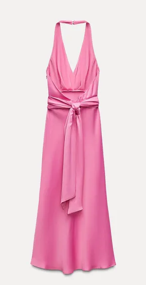 Zara maxi dress pink satin effect floral tie scarf wedding party cocktail thumbnail 14