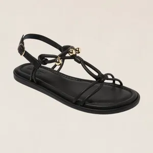 Universal Thread Black Strappy Flat Sandals Gold Bead Detail Ankle Strap 6.5‎ thumbnail 2