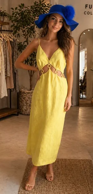 Women's Yellow Cutout Midi Dress - Spaghetti Strap Summer Dress Size 10 thumbnail 1