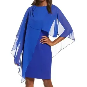 Eliza J‎ Chiffon Cape Draped Sleeveless Blue 4 Sheath Evening Dress thumbnail 2