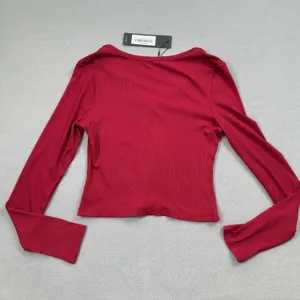 NWT S.DEER Ribbed Top Womens L Red Long Sleeve Henley Top Snap Button V Neck thumbnail 2
