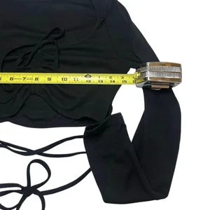 Ruched Bust Wrap Tie Long Sleeve Crop Top Black Medium Y2K Coquette Balletcore thumbnail 5