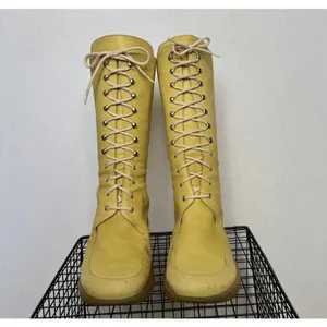 Vintage 1990s Bettye Muller Sedona Leather Lace Up Boots Italy Yellow Sz 7 thumbnail 4