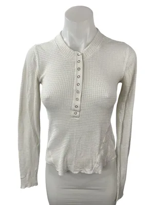 Free People Intimately Women's White Waffle Knit Long Sleeve Henley T Shrt Top S thumbnail 1